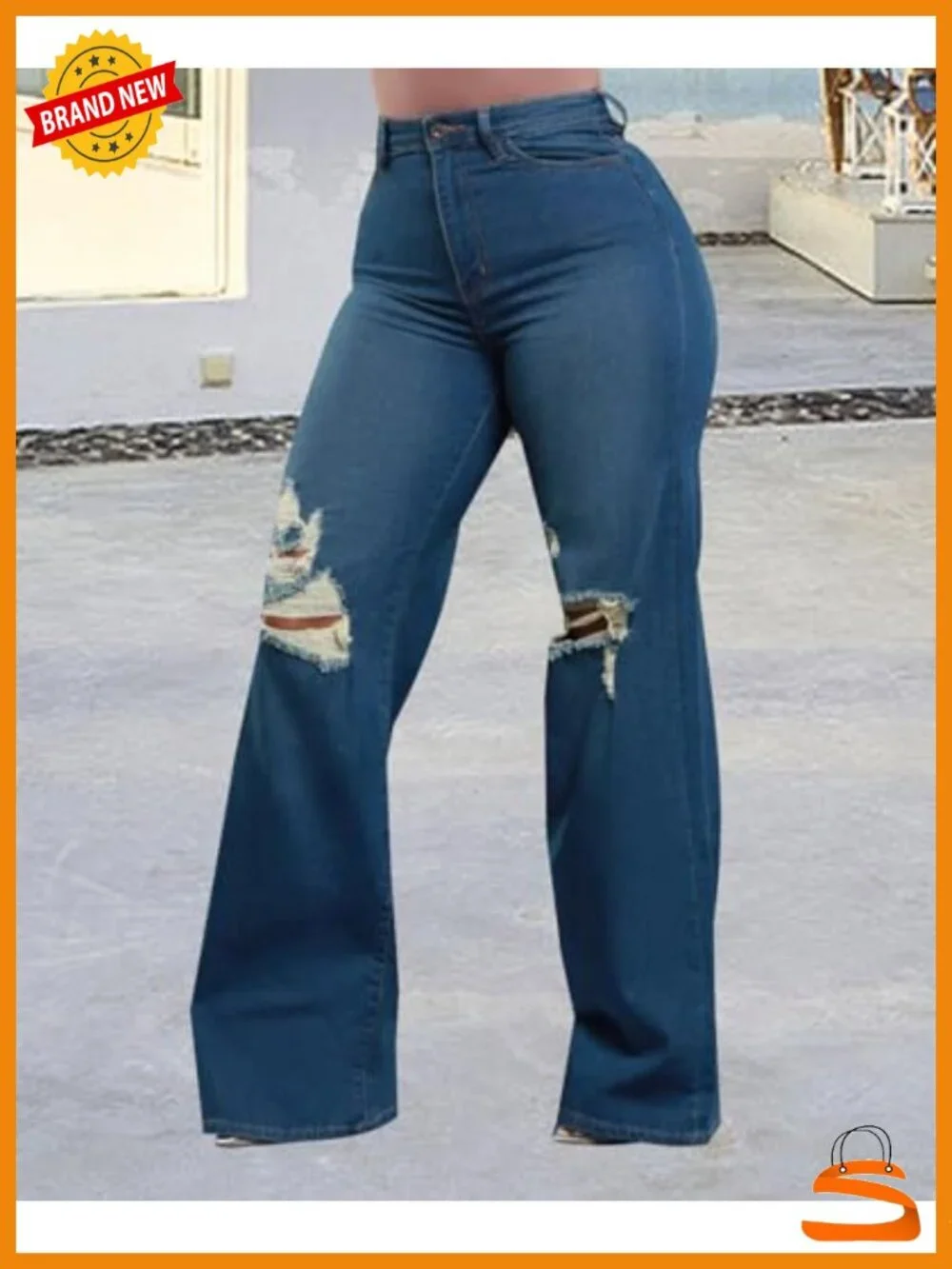 High Waisted Skinny Bell Bottom Flare Jeans with Ripped Hole Distressed Denim - Picture 4 of 6